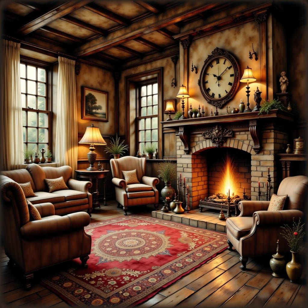 Colonial Tavern Interior With Fireplace