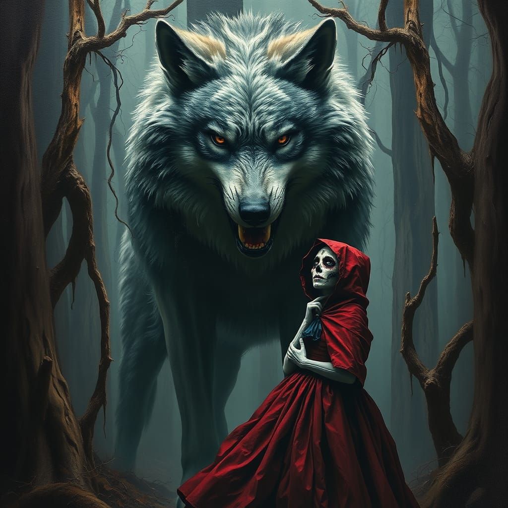 Monumental Wolf and Catrina Woman in Primeval Forest