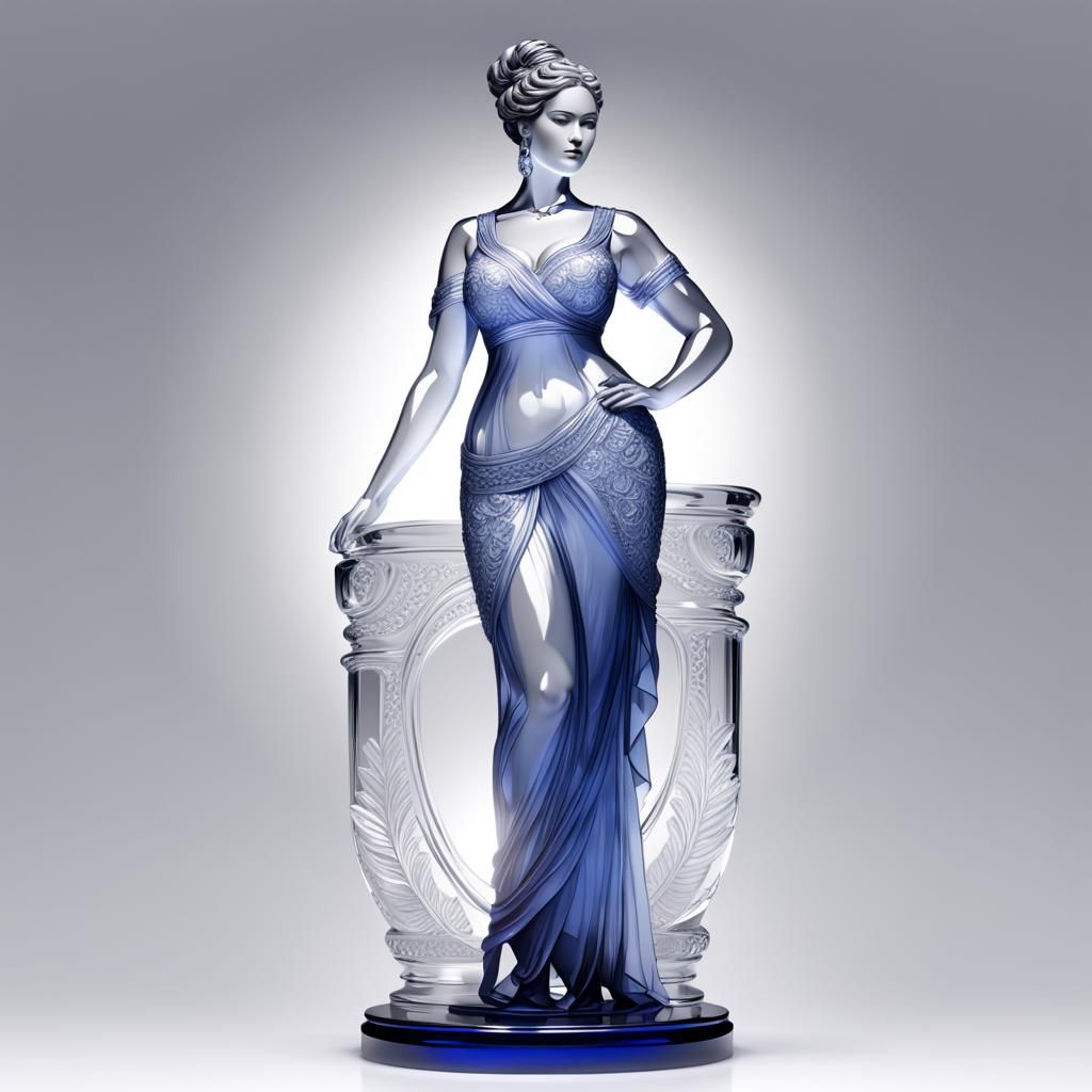 Cobalt Glass Statue of Curvy Woman in Restaurant