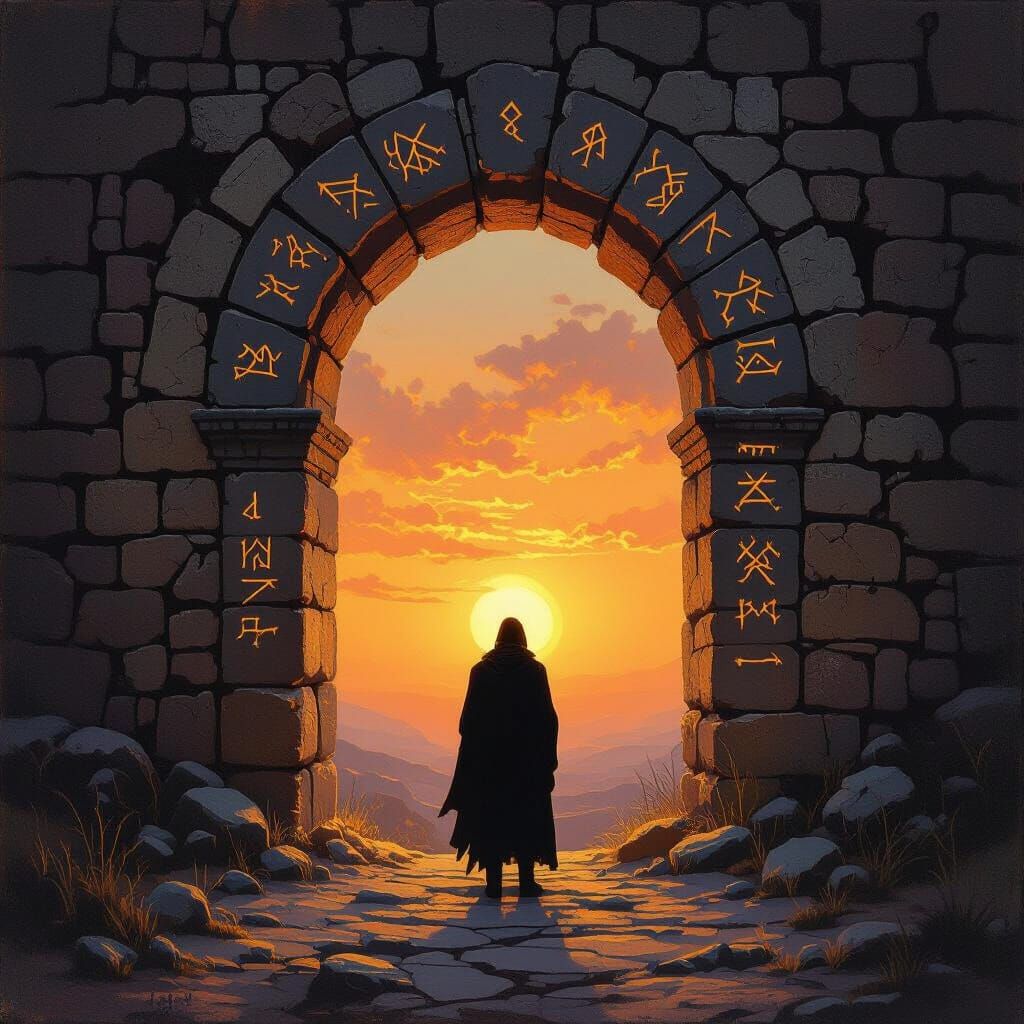 Solitary Figure at Sunset Before Ancient Archway in Oil Pain...