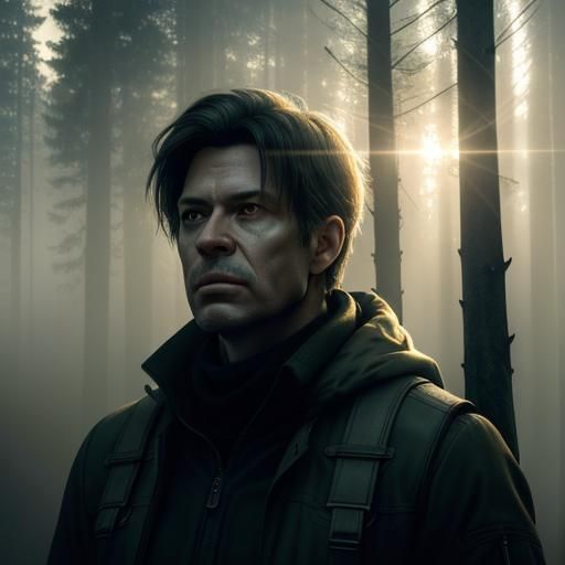 Human Portrait in Misty Forest, Photorealistic Digital Art