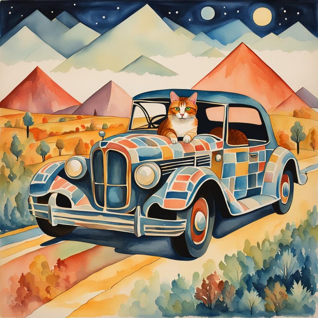 Cat Driving Car in Folk Art Style
