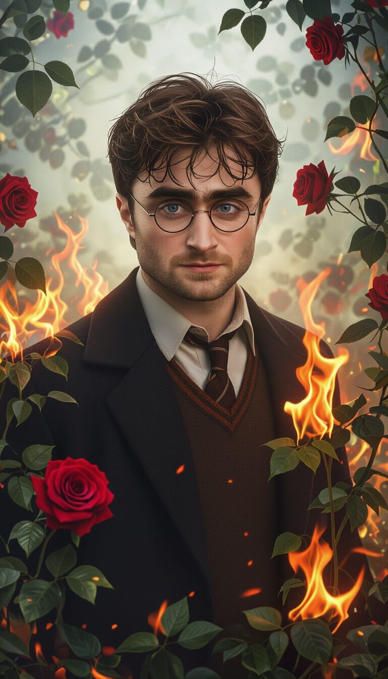 Ethereal Fantasy Figure Amidst Flaming Flora