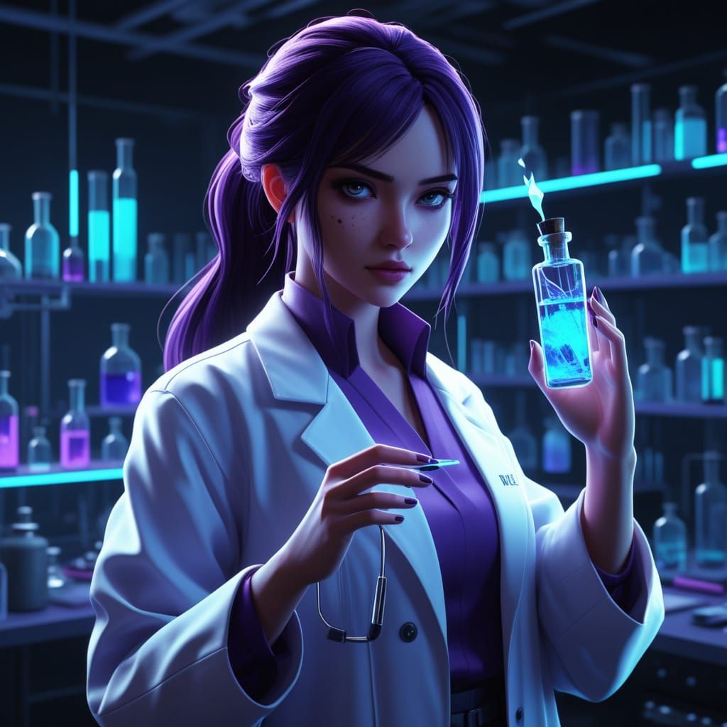 Anime Lab Scientist Holds Glowing Vial in Dramatic Lighting