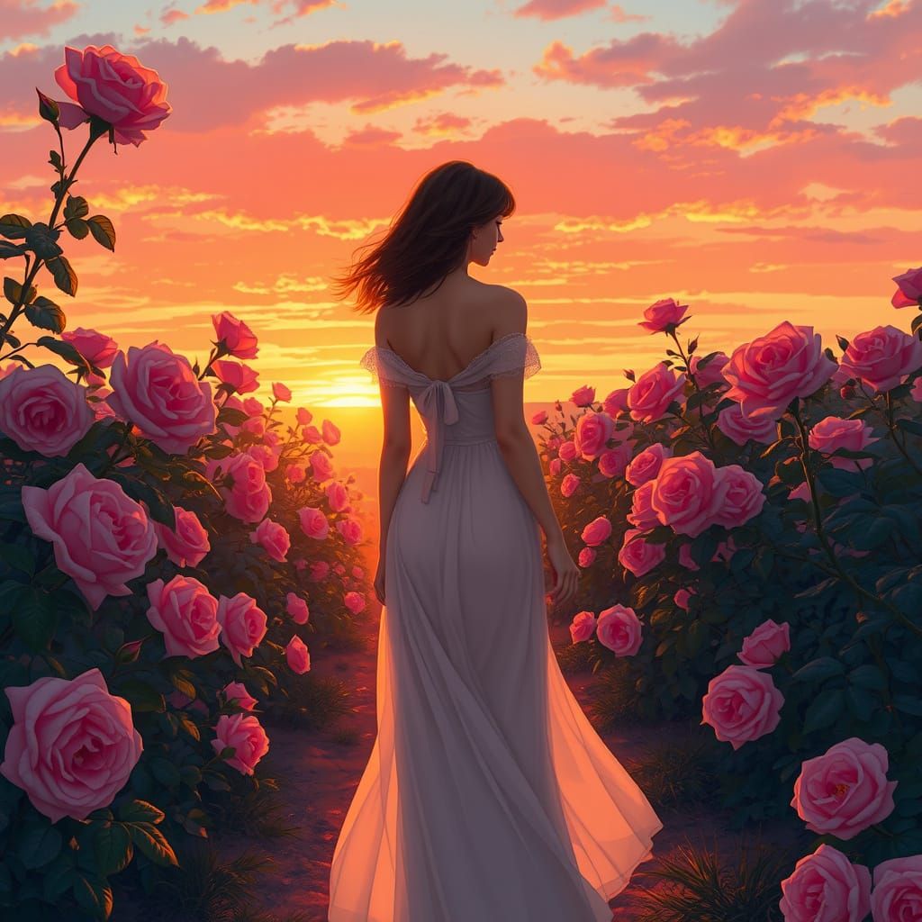 Woman in Luminescent Rose Garden at Twilight