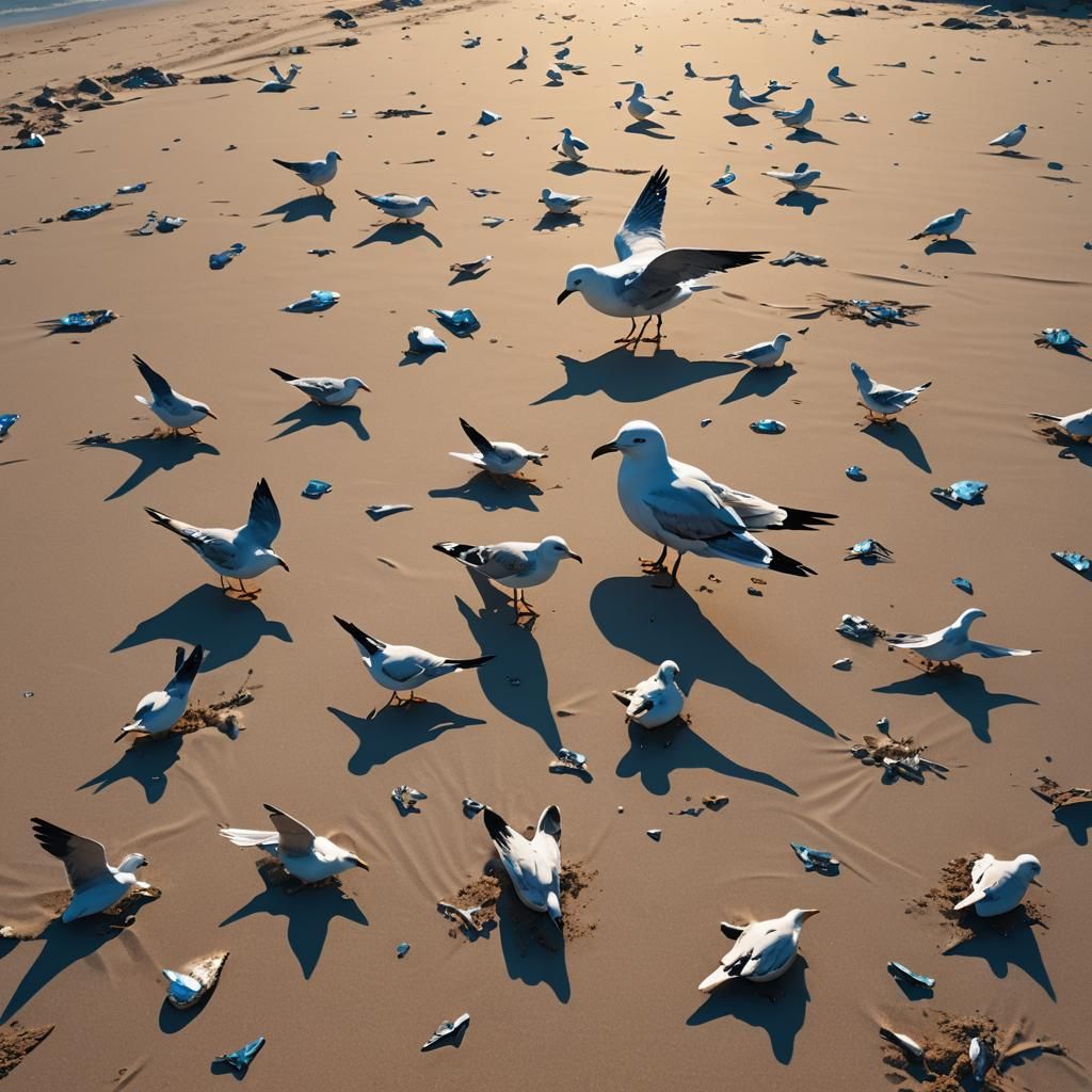 Seagulls Scavenging on a Sci-Fi Beach