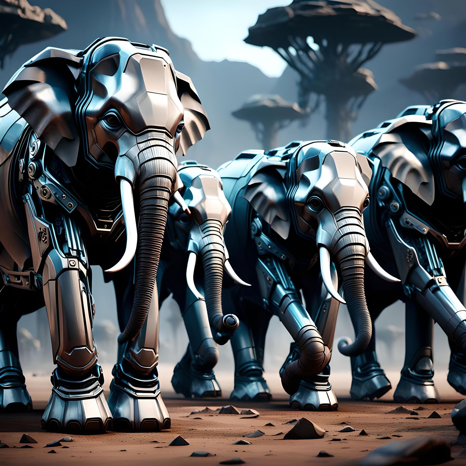 Mechanized Elephants in a Sci-Fi Landscape