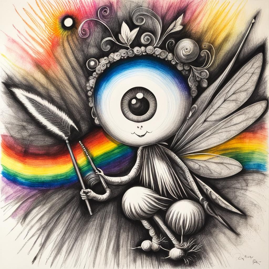 Surreal Crayon Drawing: Baby Fairy with Rainbow