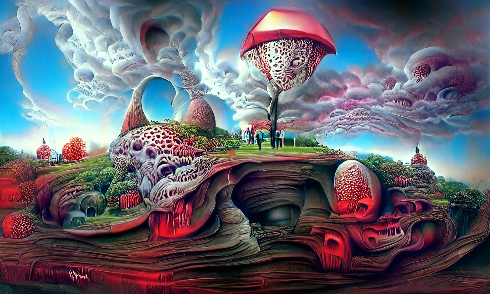 Psychedelic Mushroom Hills with Glowing Orb: Neosurrealist A...