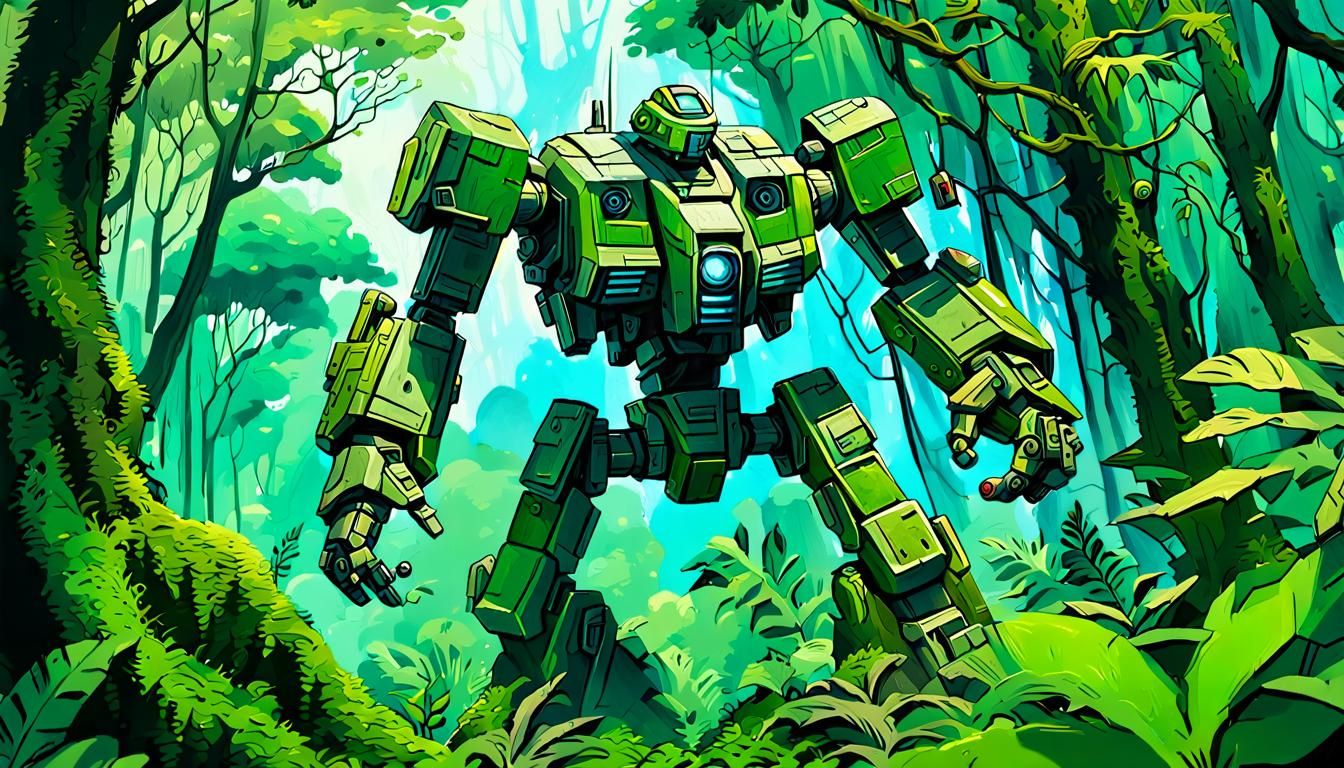 Camouflaged Mecha Jungle Attack in Oil Painting Style