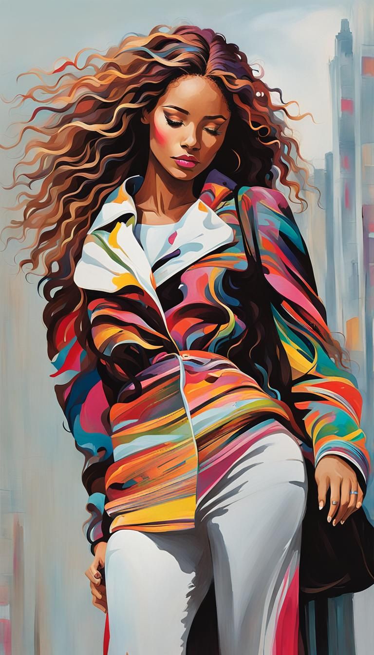 Woman in Profile with Cityscape in Mixed-Media Style