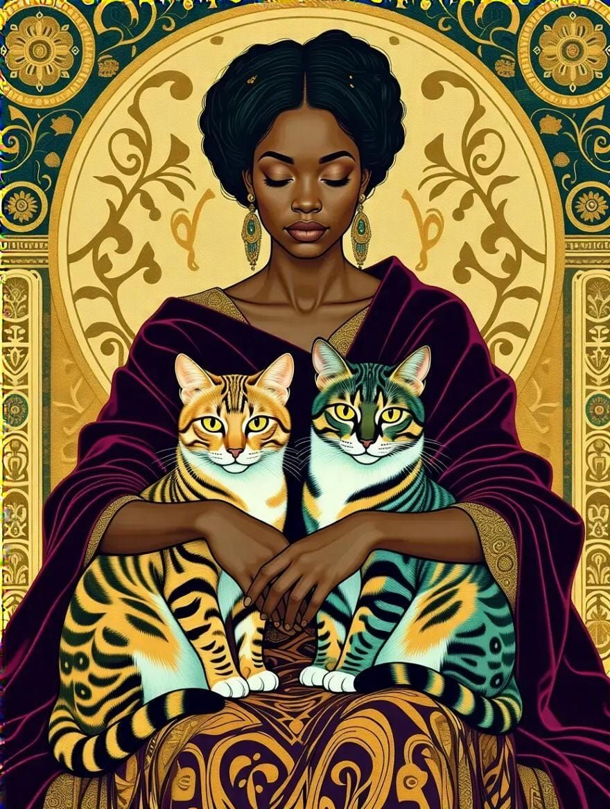 African Queen Amidst Byzantine Opulence with Majestic Feline...