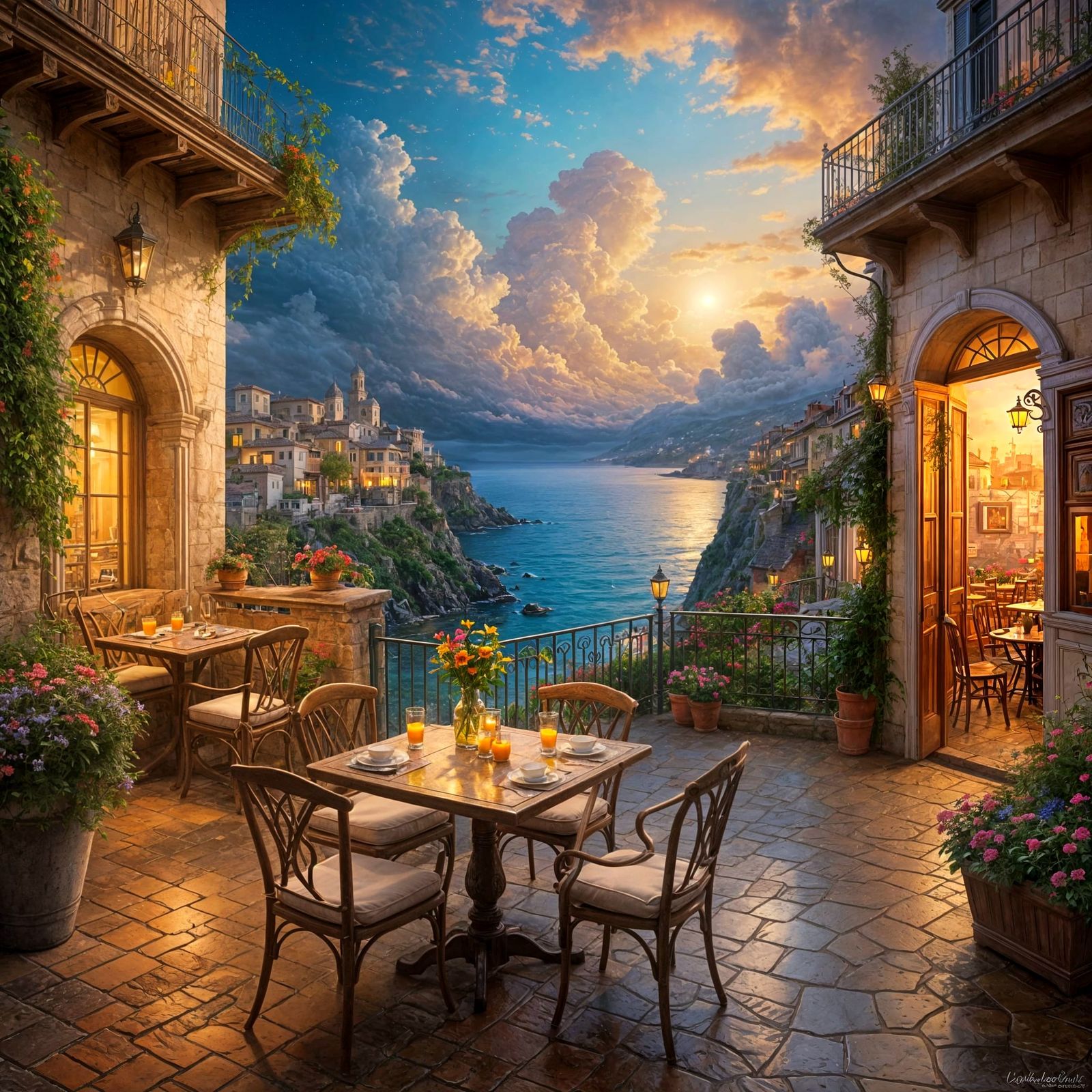 Ethereal Sicilian Coffee Shop at Night