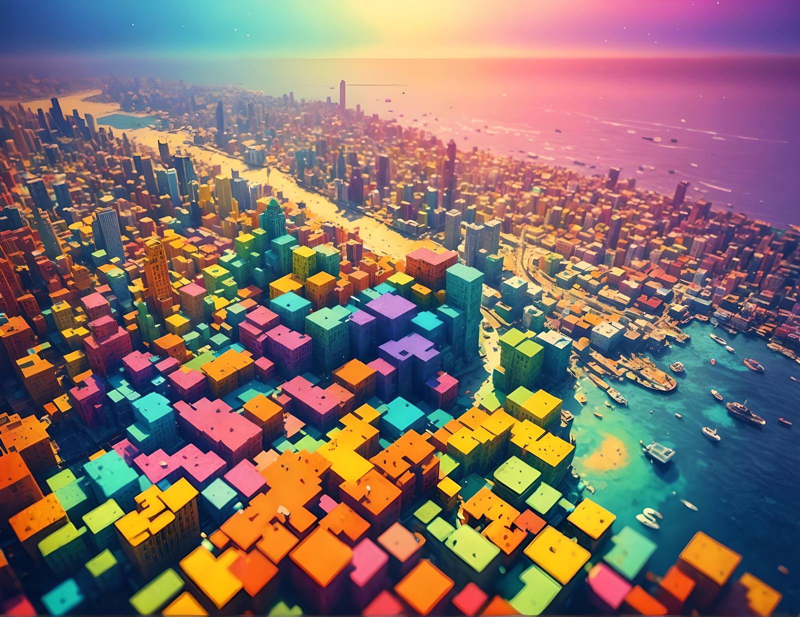 Psychedelic Cityscape with Pointillism and Cubism