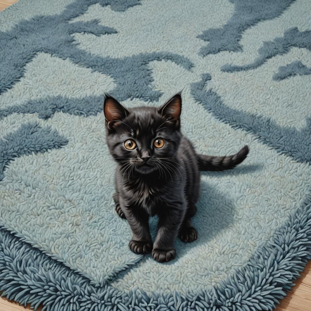 Black Kitten Observes on Blue Rug: Naive Digital Art