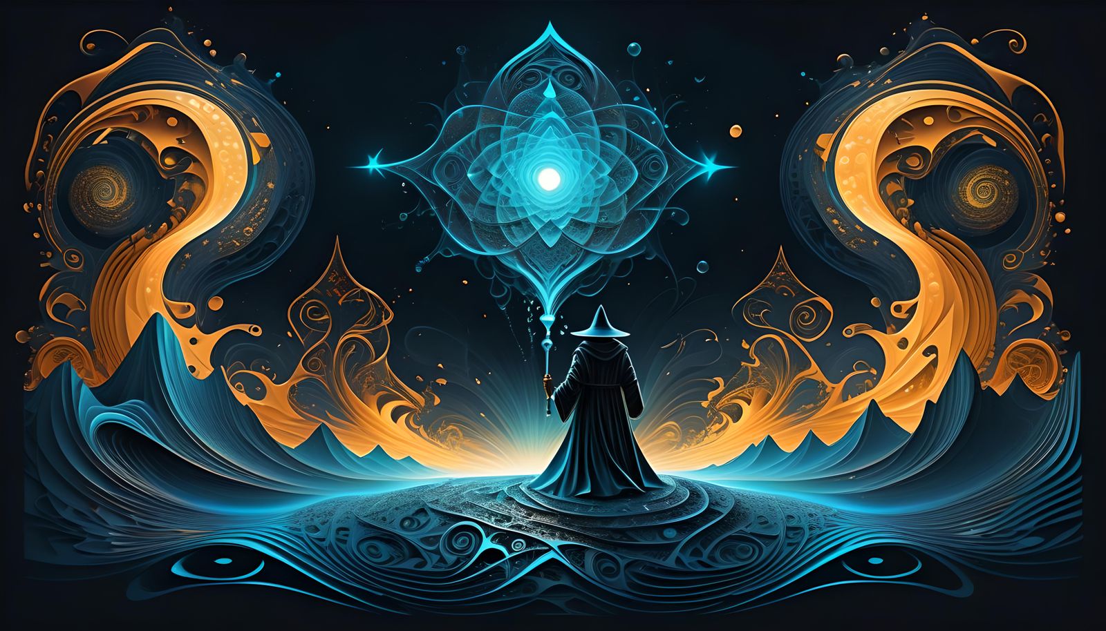 Mysterious Mage Casting Spell in Surreal Abstract Style