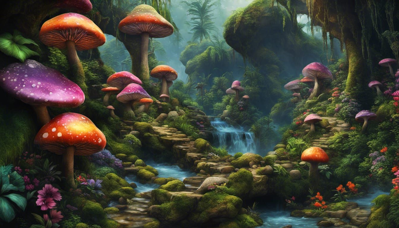 Vibrant Jungle Cascade with Exotic Flora in Fantasy Style