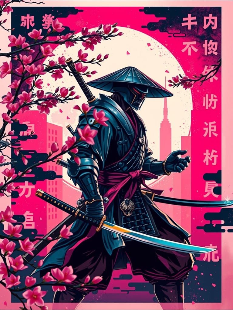 Cyberpunk Samurai in Neon Kanji Storm