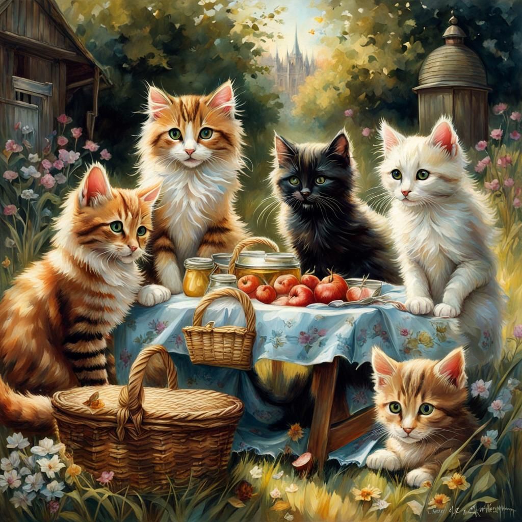 Victorian Kittens Picnic in a Garden