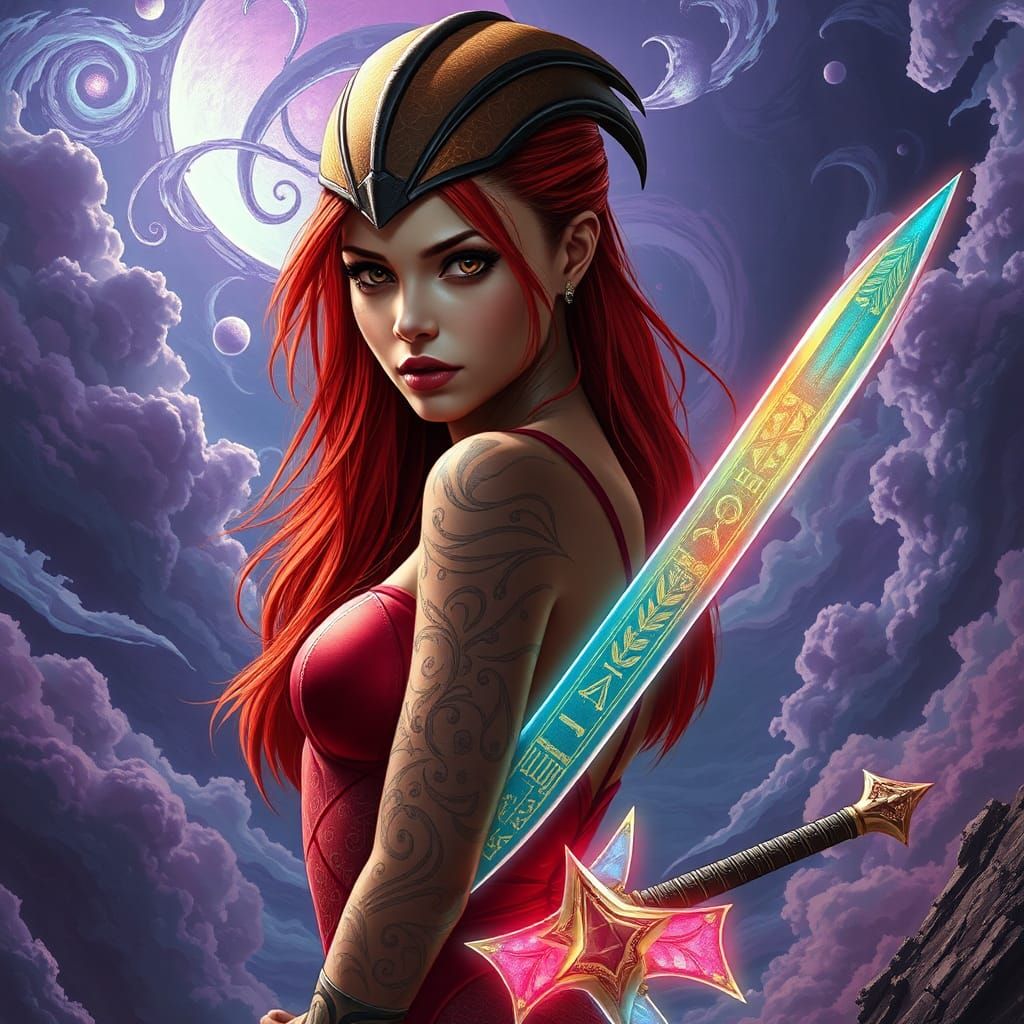 a female with an elongated head with a flared ridge around i...