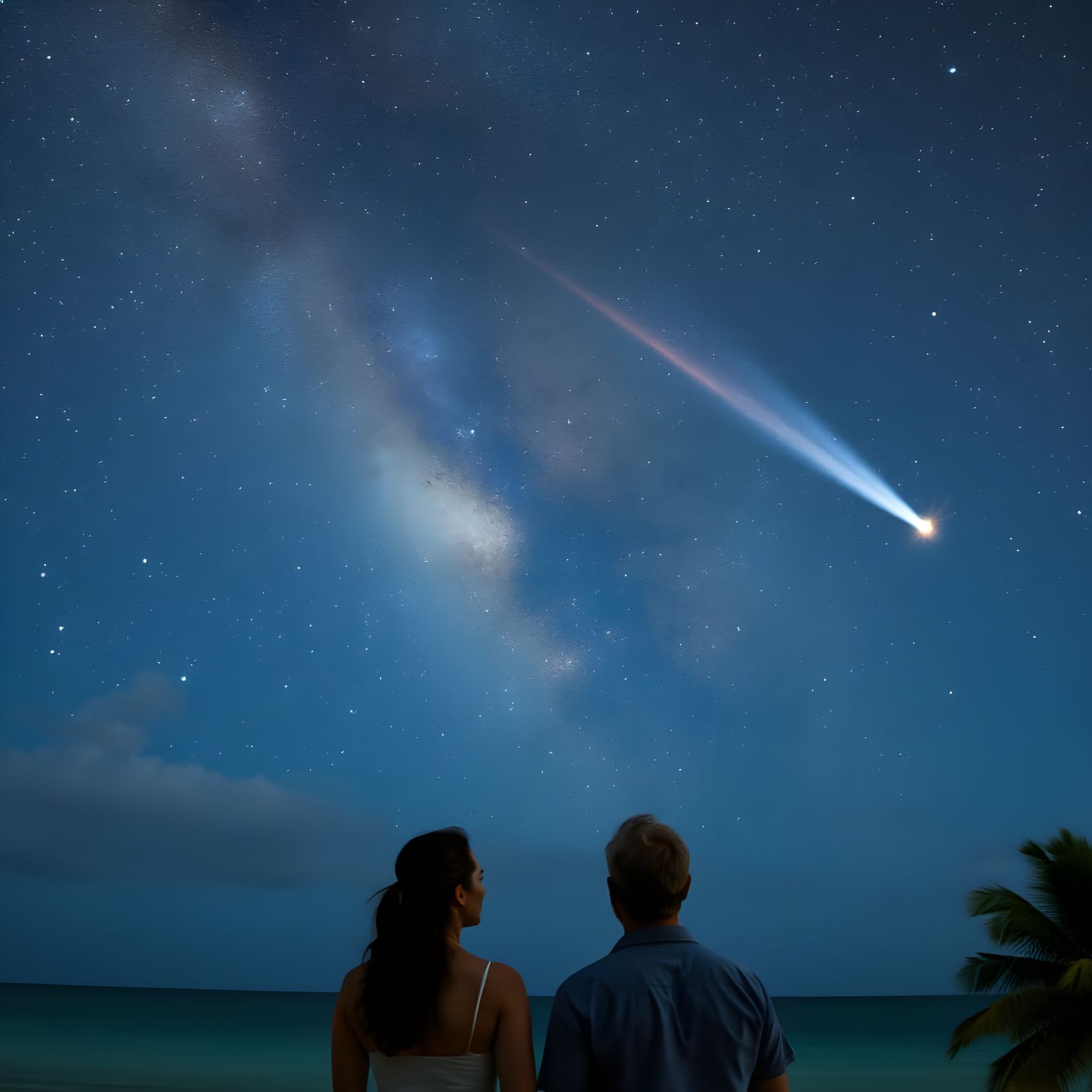 Couple Stargazing on Tropical Island at Night
