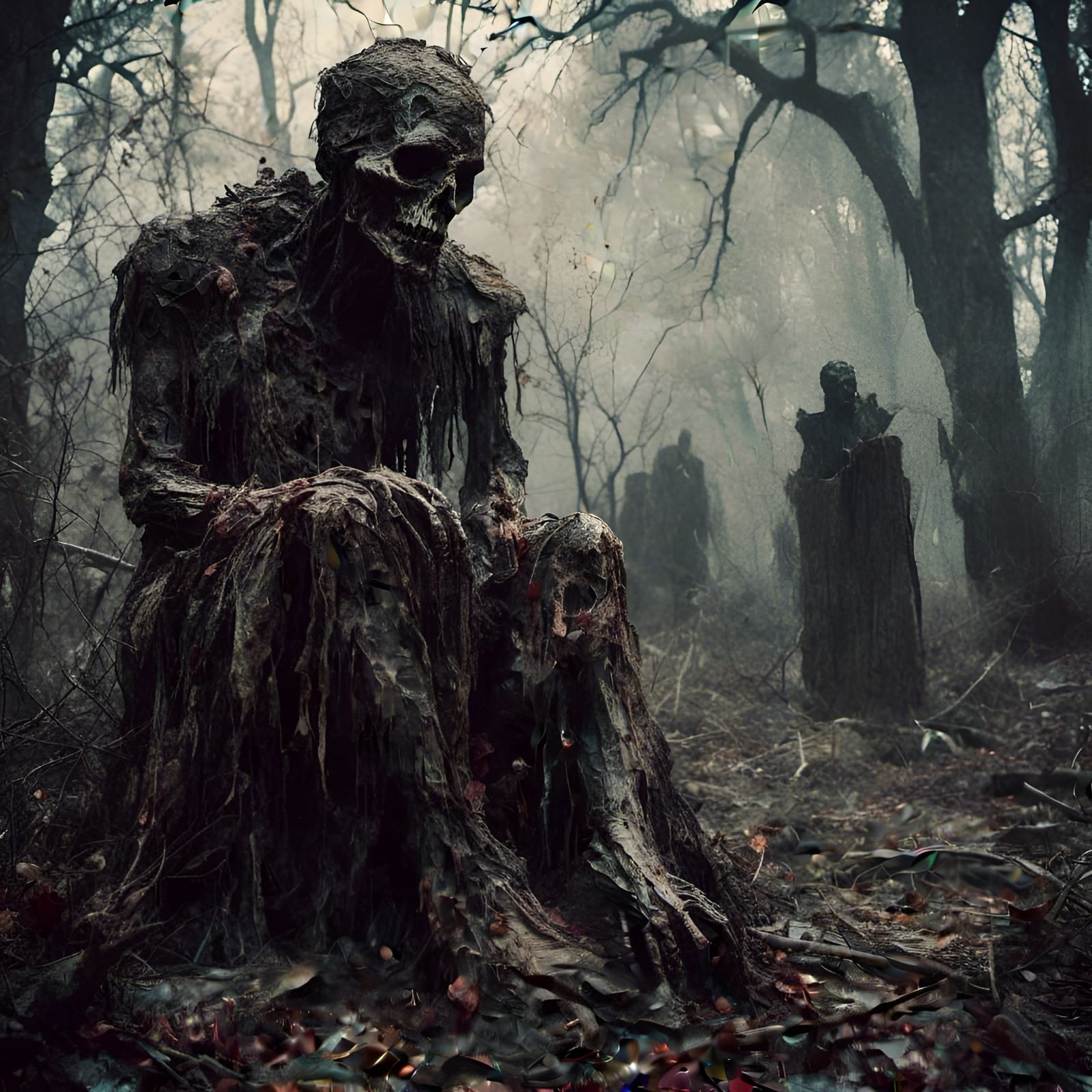 Horror Zombie Monument in Museum with Mystic Fog