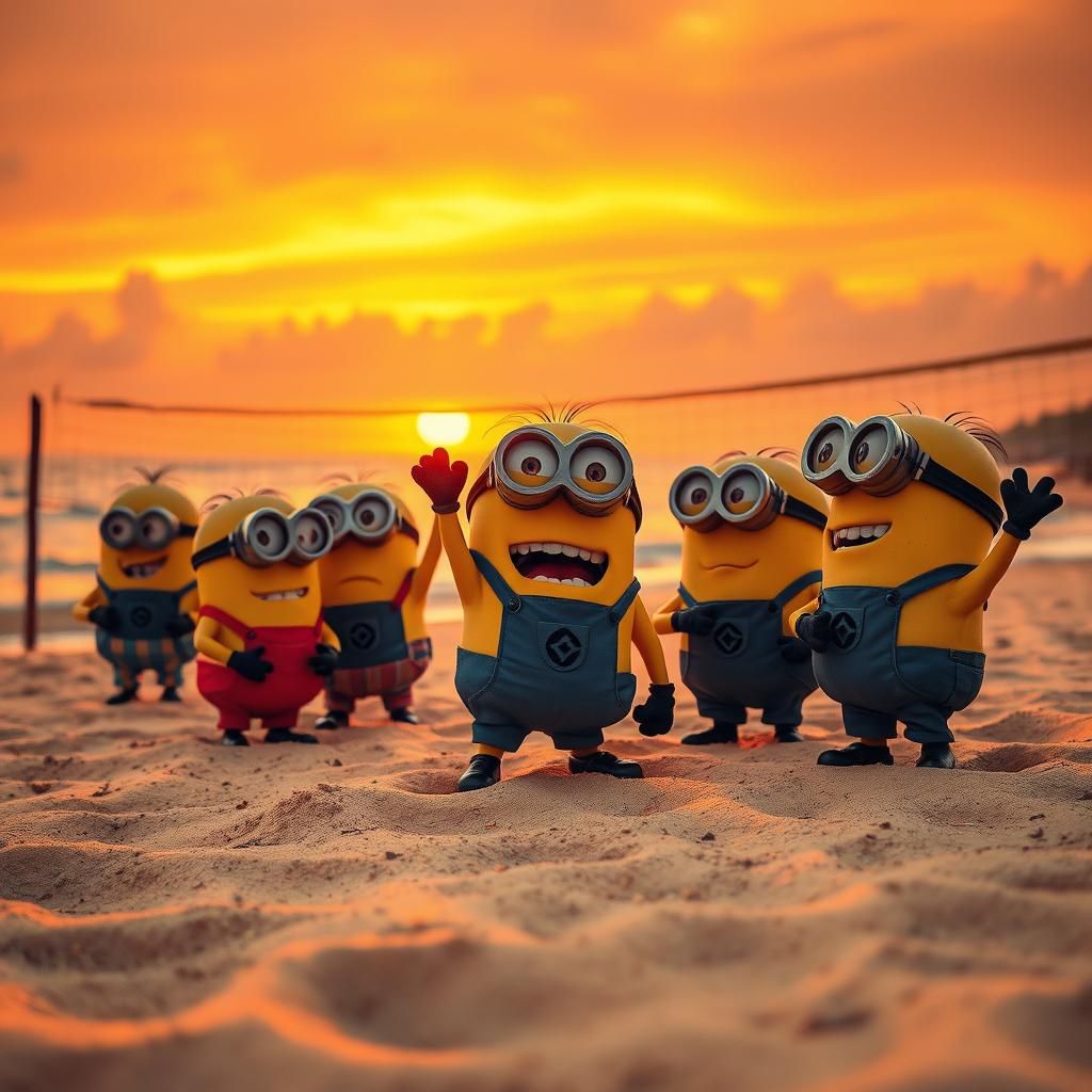 Minions Volleyball Game at Sunset in Hyperreal Style