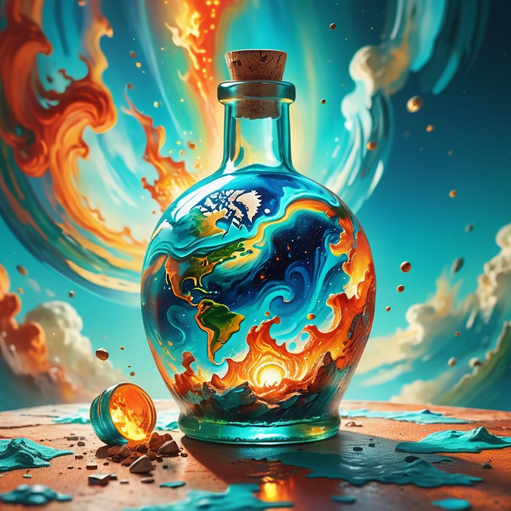 Earth Ablaze in Bottle: Neo-Impressionist Fantasy Art