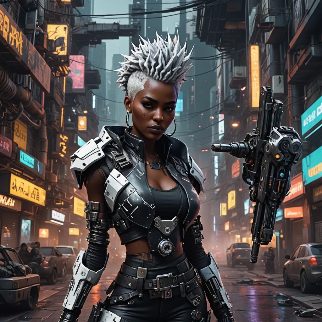 Cyberpunk Woman with Robot Arm, Detailed Digital Art