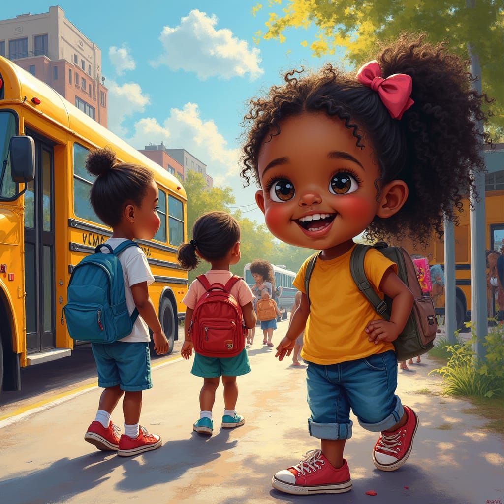 Joyful Girl at Bus Stop in Graffiti Art