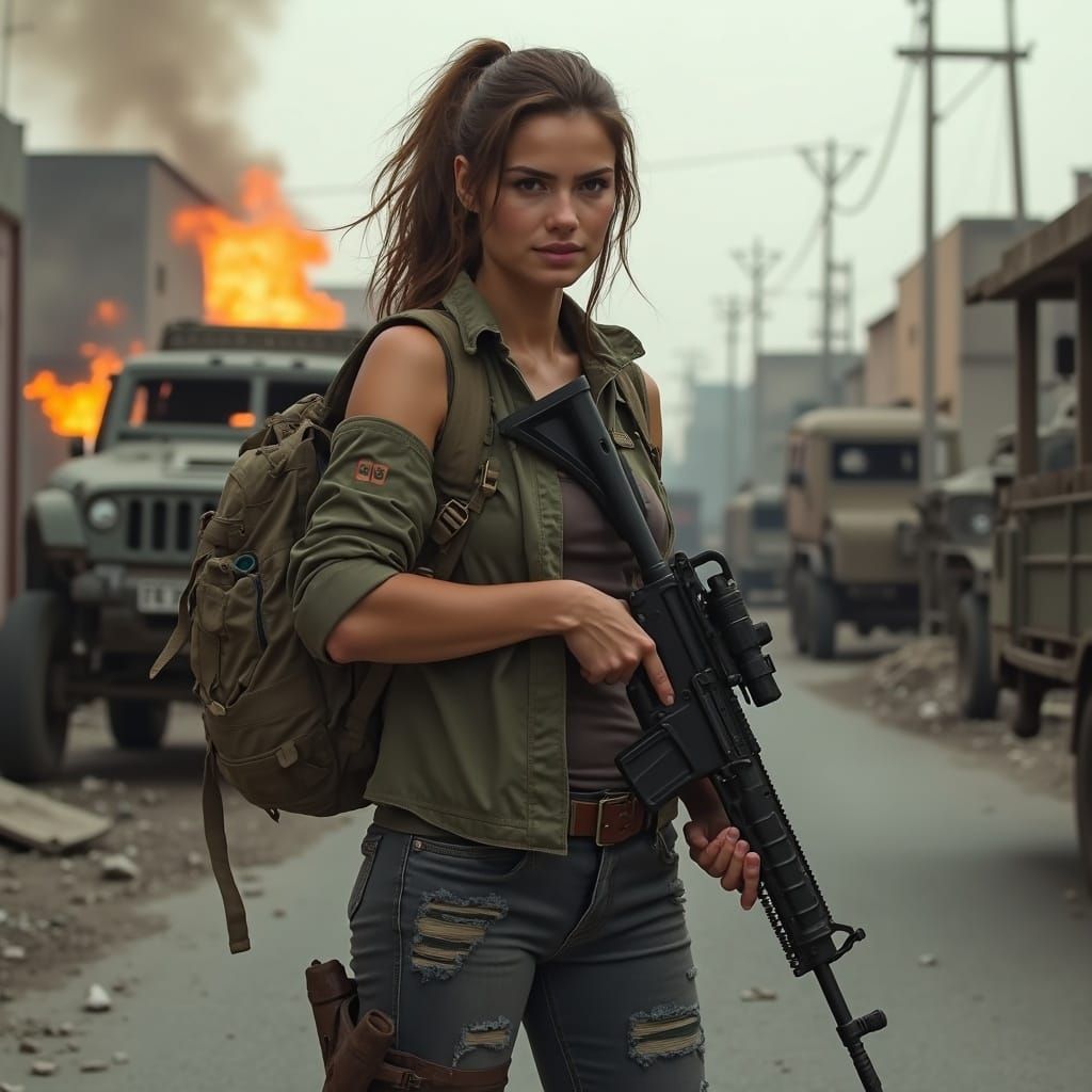Action Photo of Woman Soldier on Battle-Torn Street