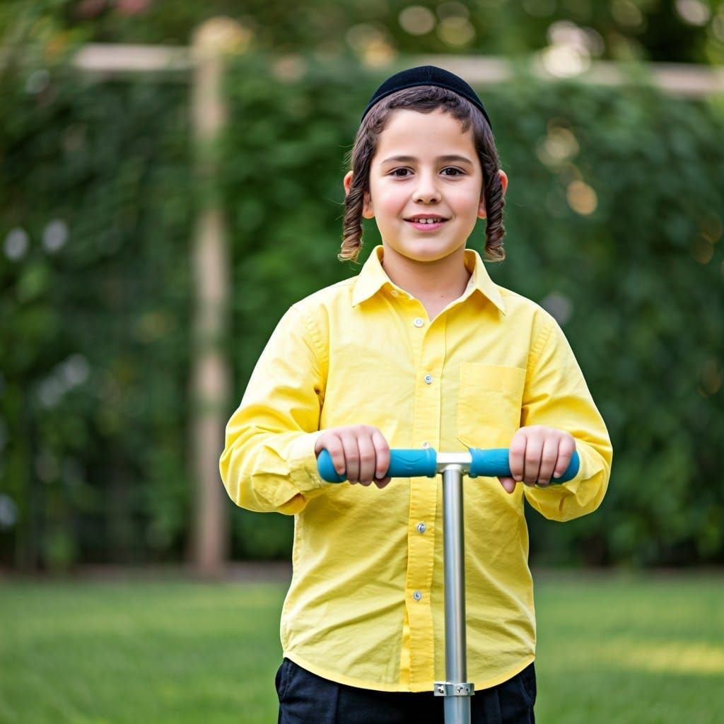 Orthodox Jewish Boy Riding Scooter in Garden