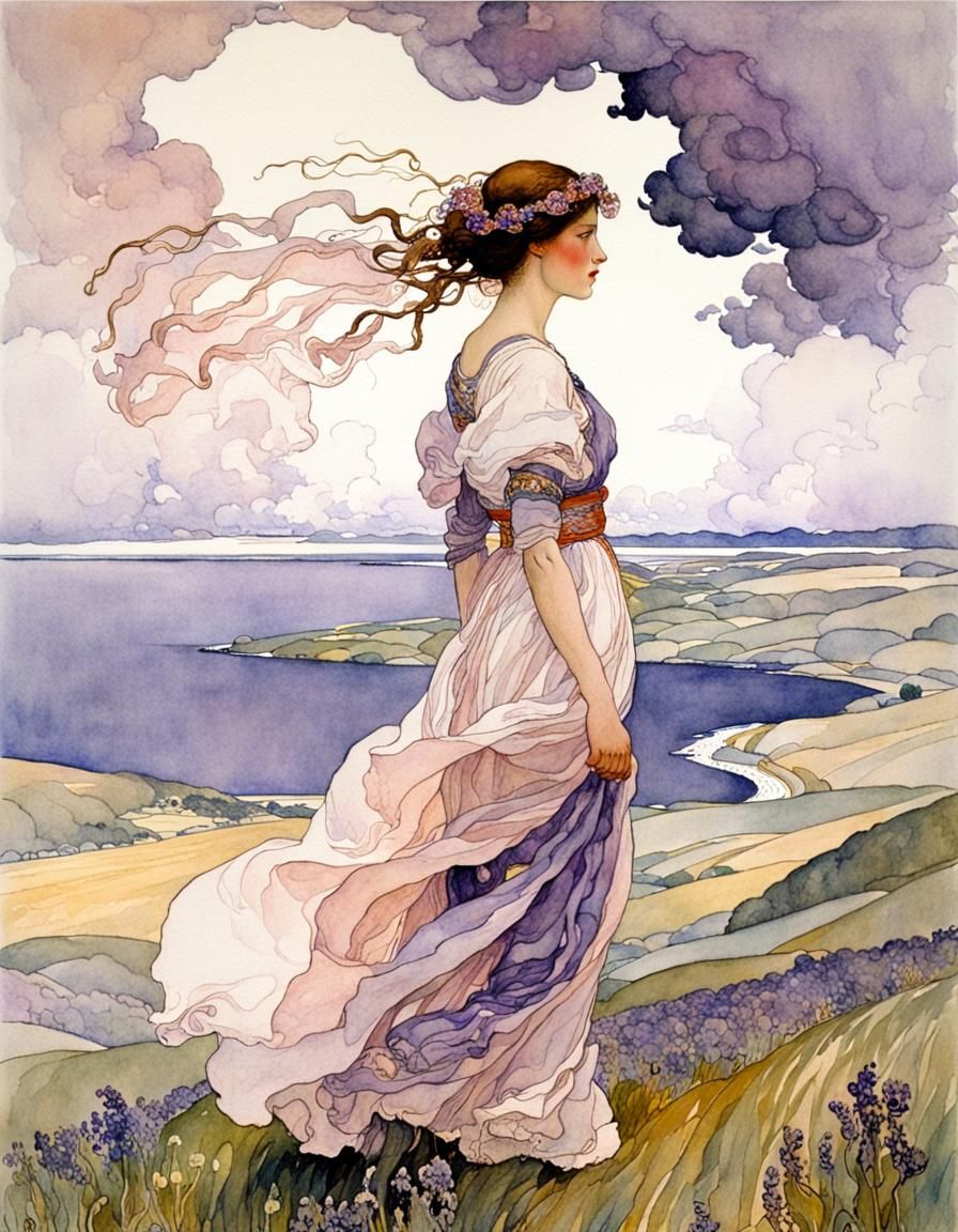 Summer Storm with Woman in Art Nouveau Style