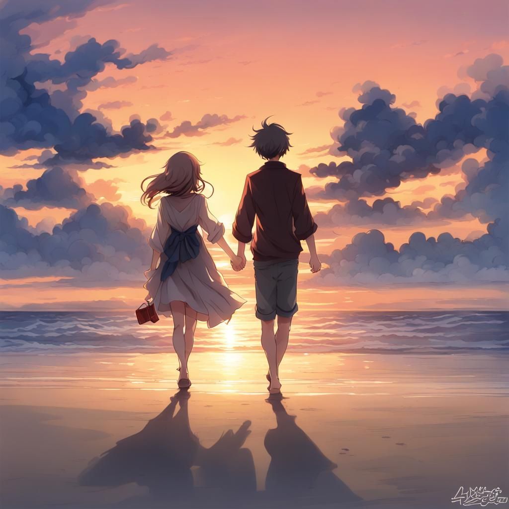 Romantic Sunset Beach Scene in Anime Style