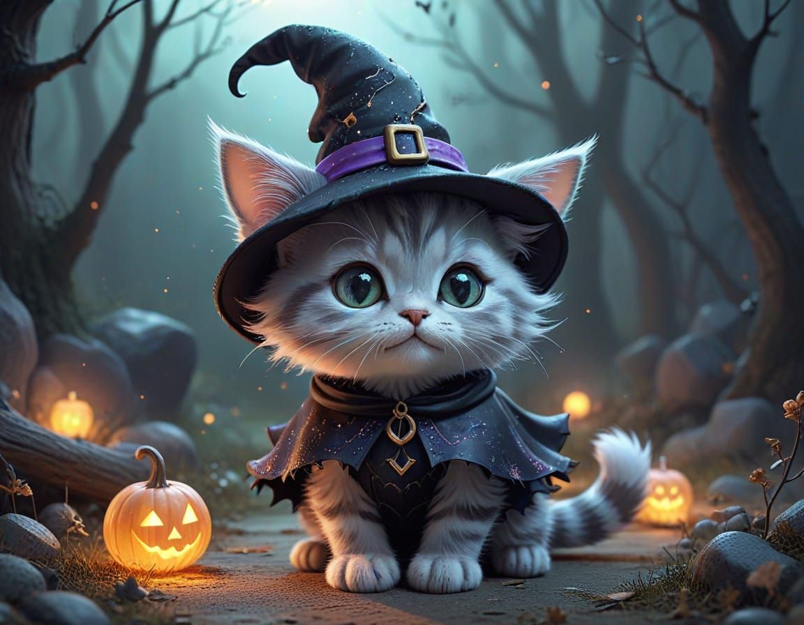 Adorable Witch Kitten in Whimsical Digital Art
