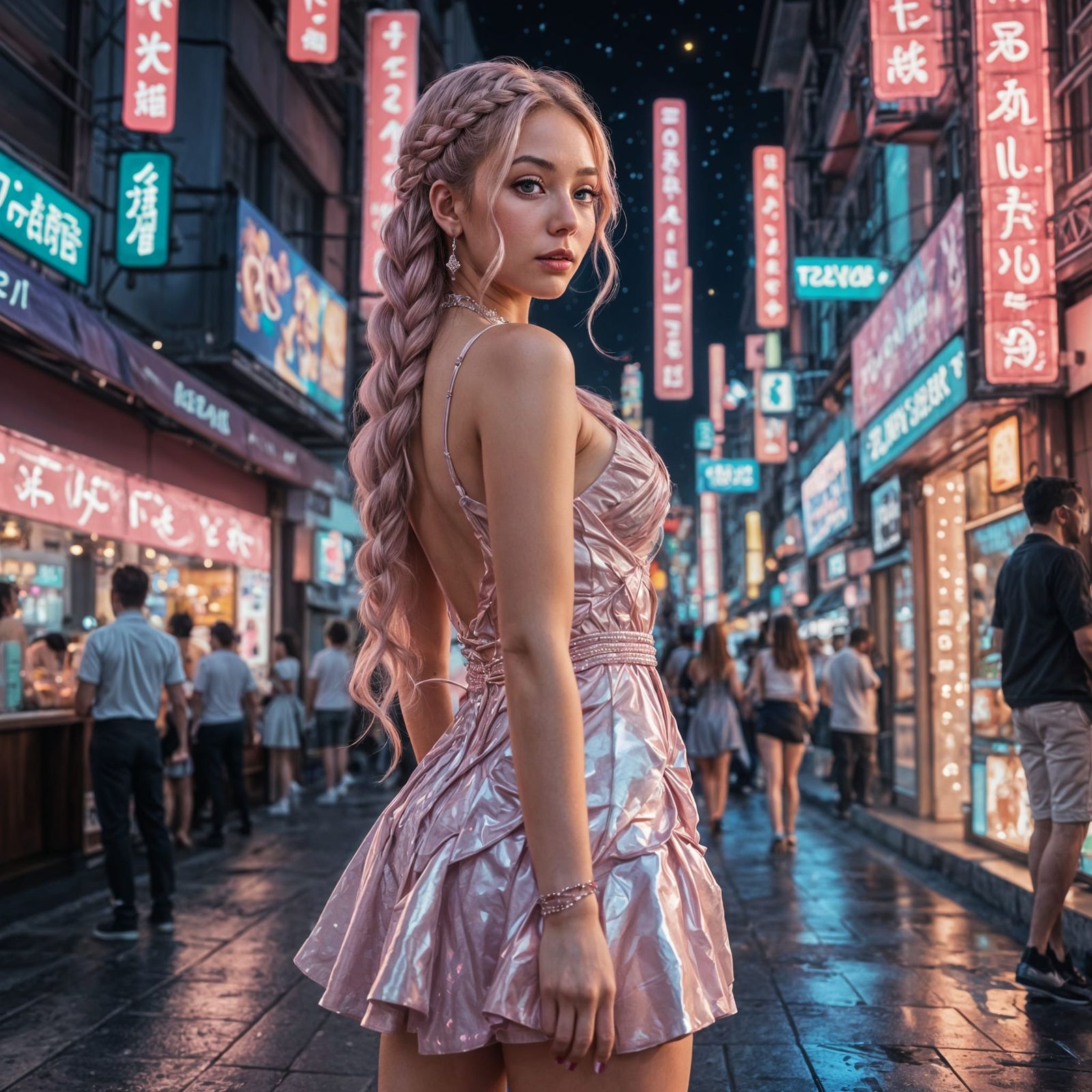 Anime EGirl in Nacre Dress with Braided Hair