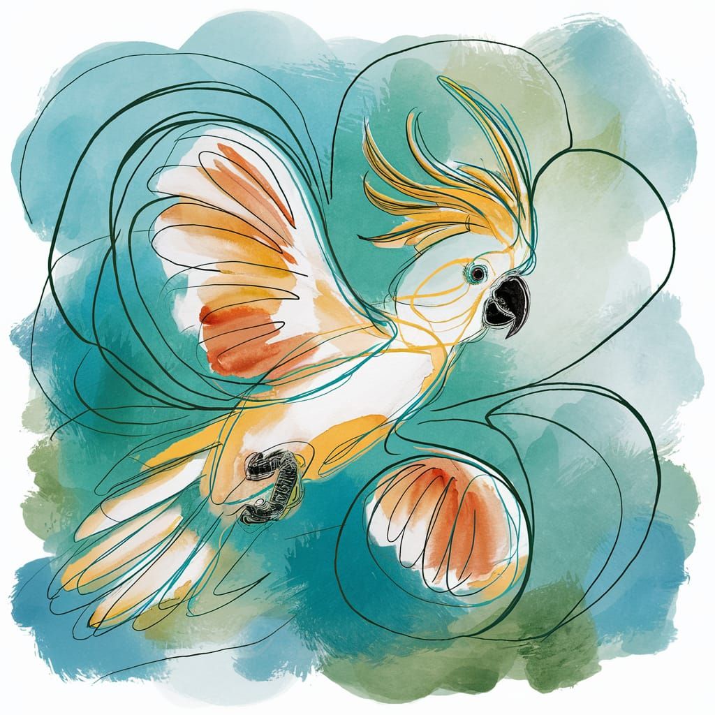 Vibrant Cockatoo in Flight: Watercolour Illustration