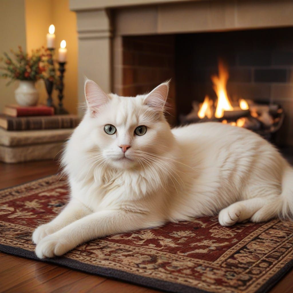 a Ragdoll cat lounges luxuriously on an oriental rug in fron...