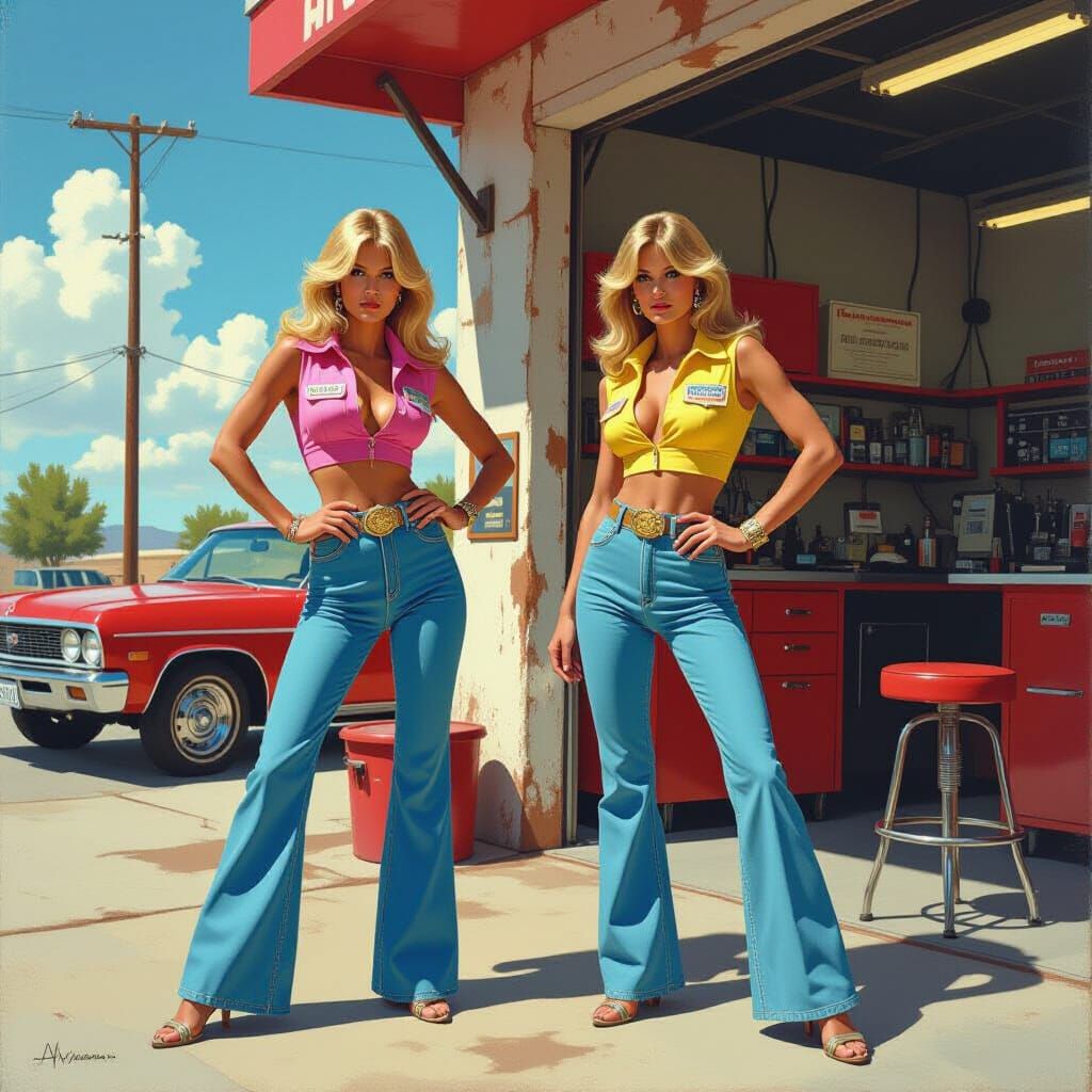70s Icons at Auto Shop in Vibrant Sunshine