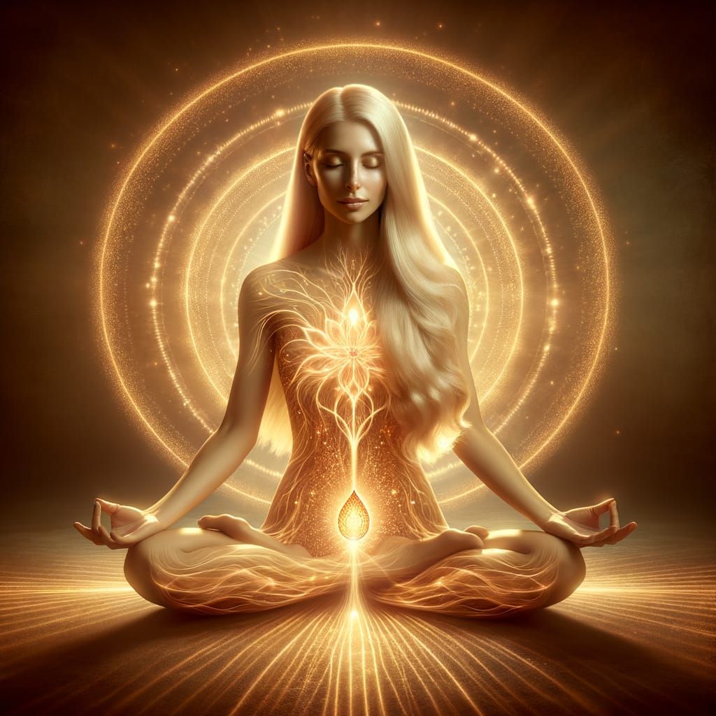 Serene Blonde Woman Meditating in Radiant Light