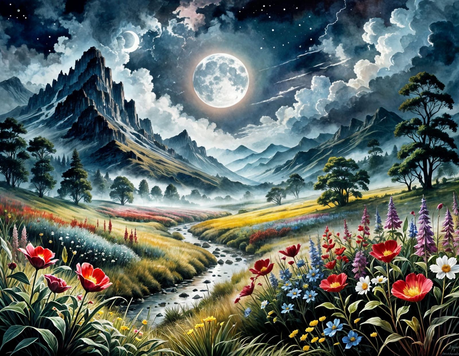 Bloodmoon Flower Meadow in Digital Watercolor Style