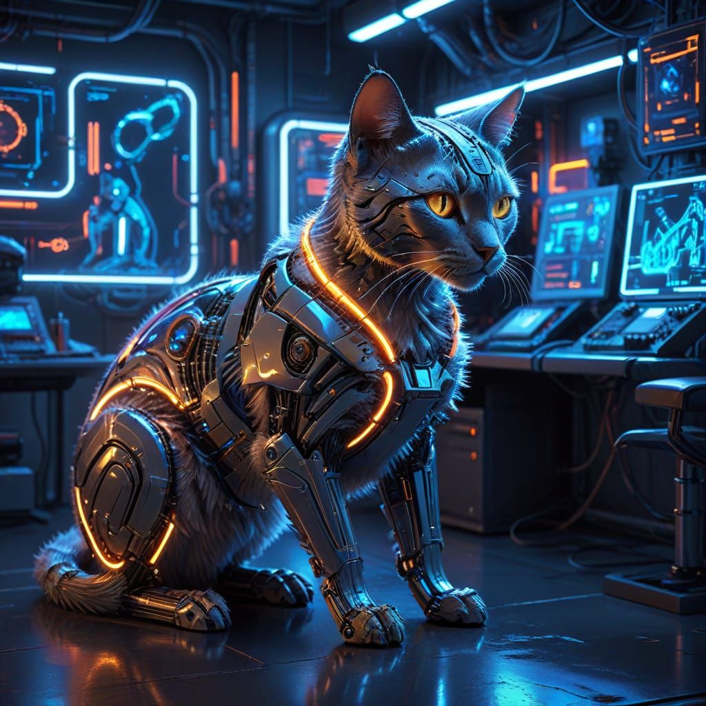 Futuristic Robotic Cat in Industrial Laboratory