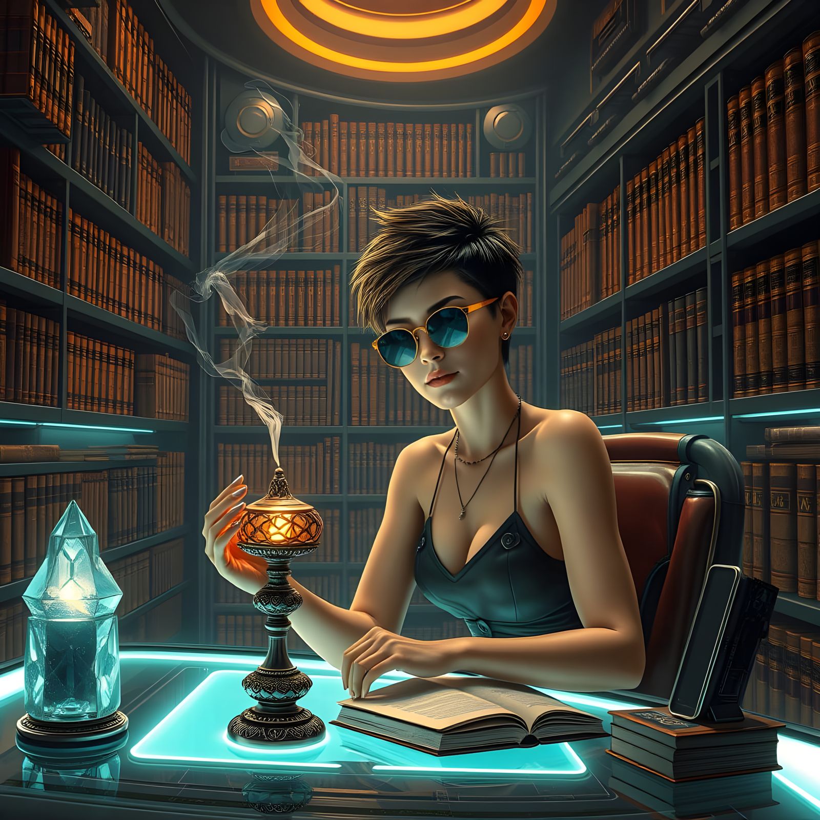 Cyberpunk Library Scene with Burning Incense