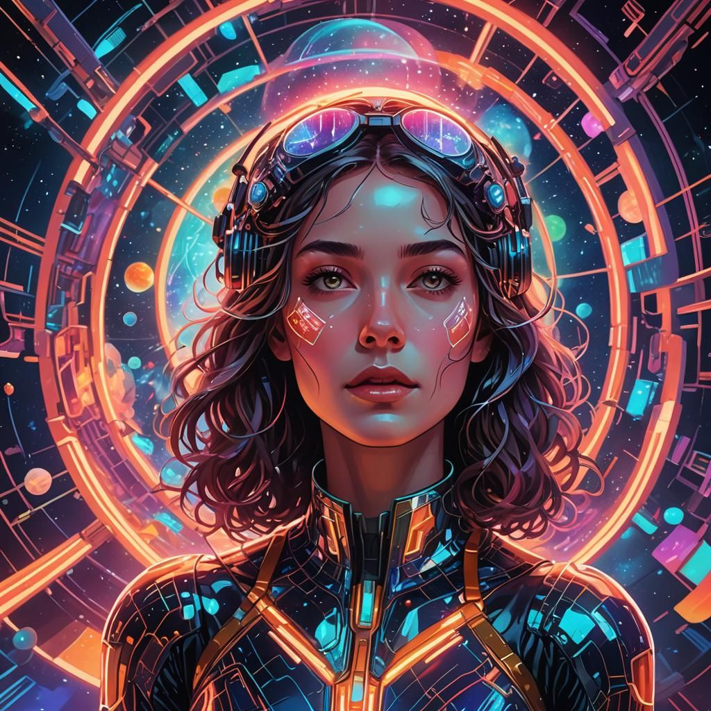 Glowing Holographic Woman in Futuristic Planetarium