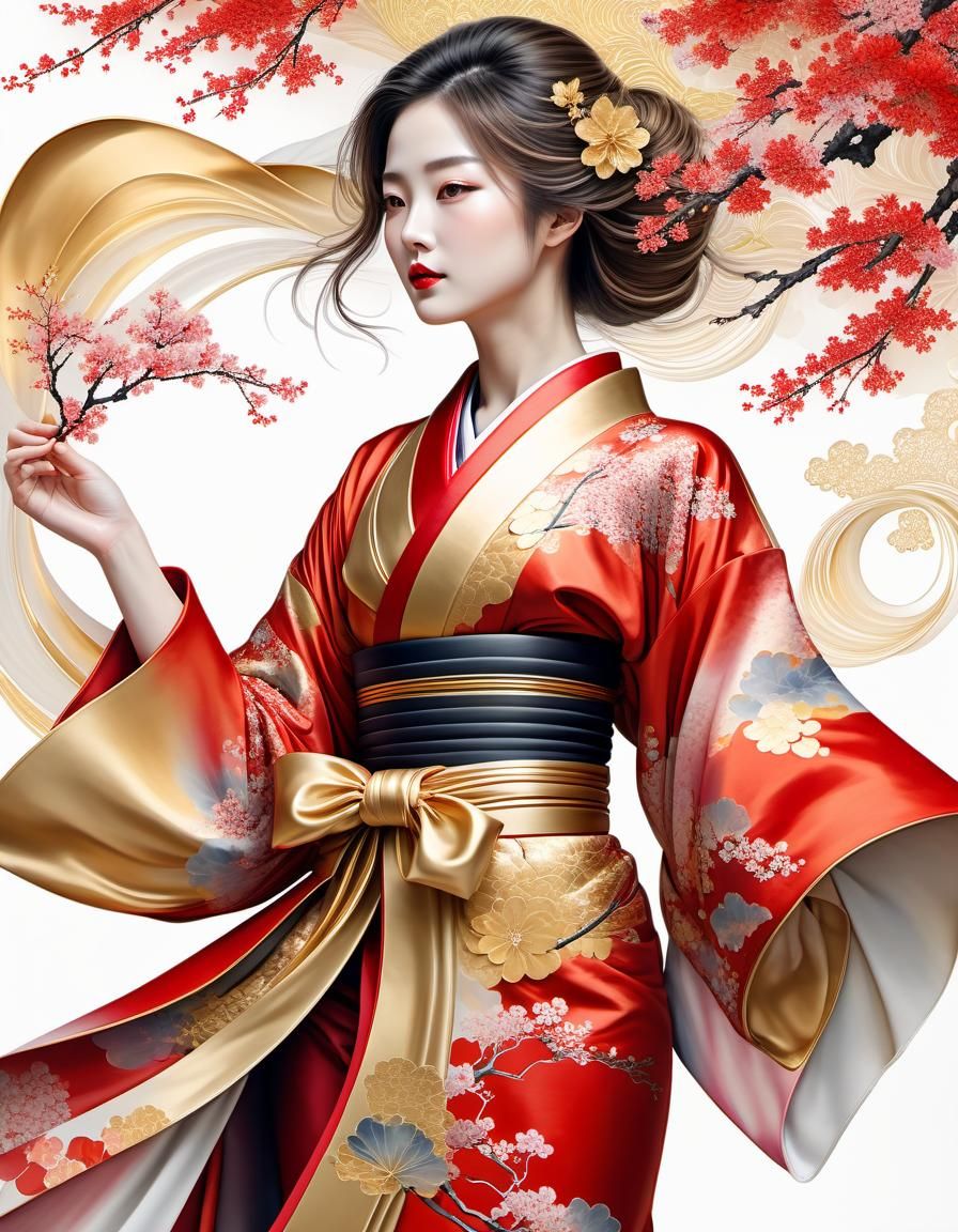 A beautiful lady with a gold and red kimono under the sakura