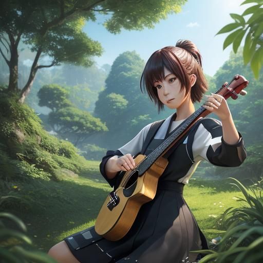 Anime Boy Plays Ukulele in Lush Studio