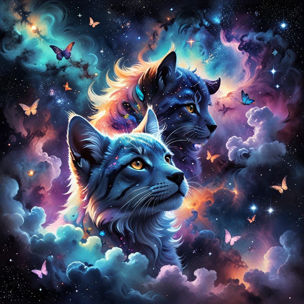 Majestic Creatures in Vibrant Cosmic Dreamscape