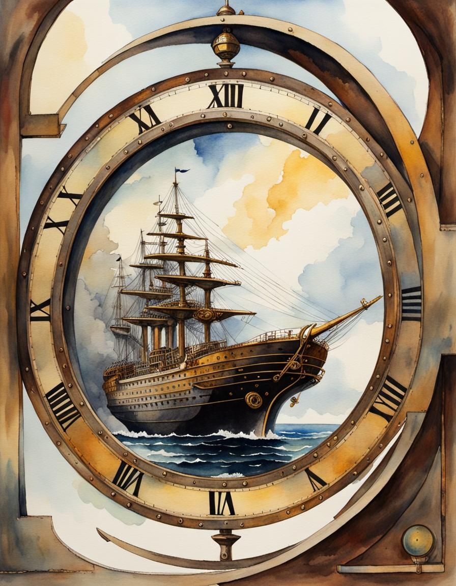 Steampunk Clockwork Ship Approaches Portal in Watercolor Sty...
