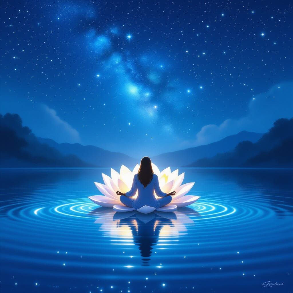 Meditating Figure on Bioluminescent Lotus Under Starry Sky