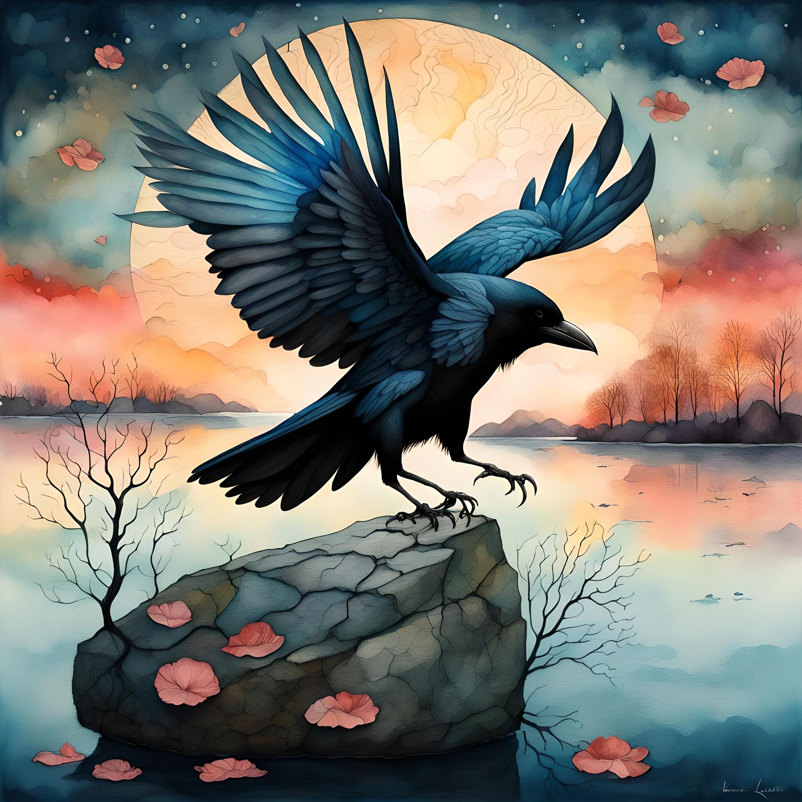 Crow on Windy Lake: Double Exposure Watercolor Art